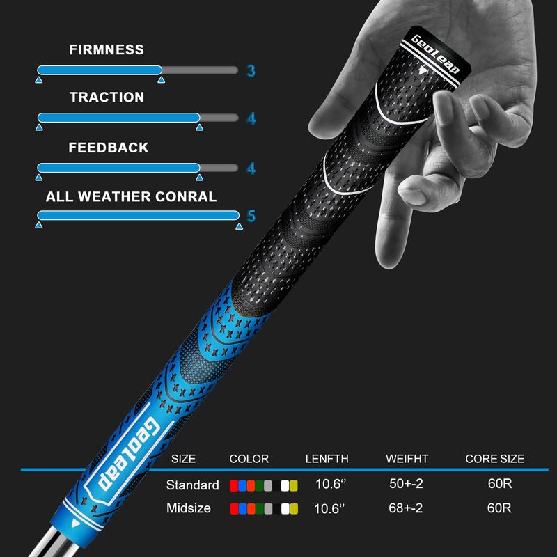 Geoleap Golf Grips Set of 13- Cord Rubber Compound Material, Hybrid Golf Club Grips, All Weather Performance.(Blue, Standard) - Image 5